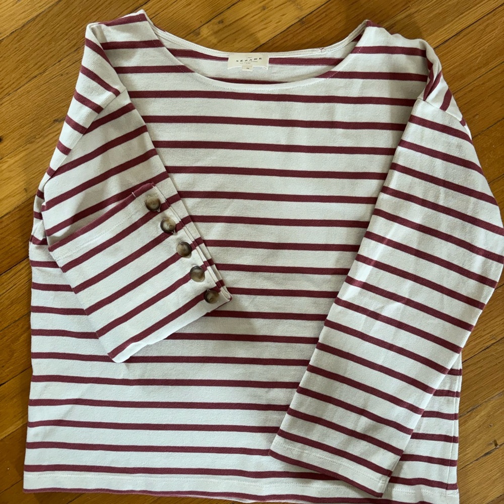 Sézane Striped Boatneck Top with Button Detail - Cream & Burgundy (Rosewood)